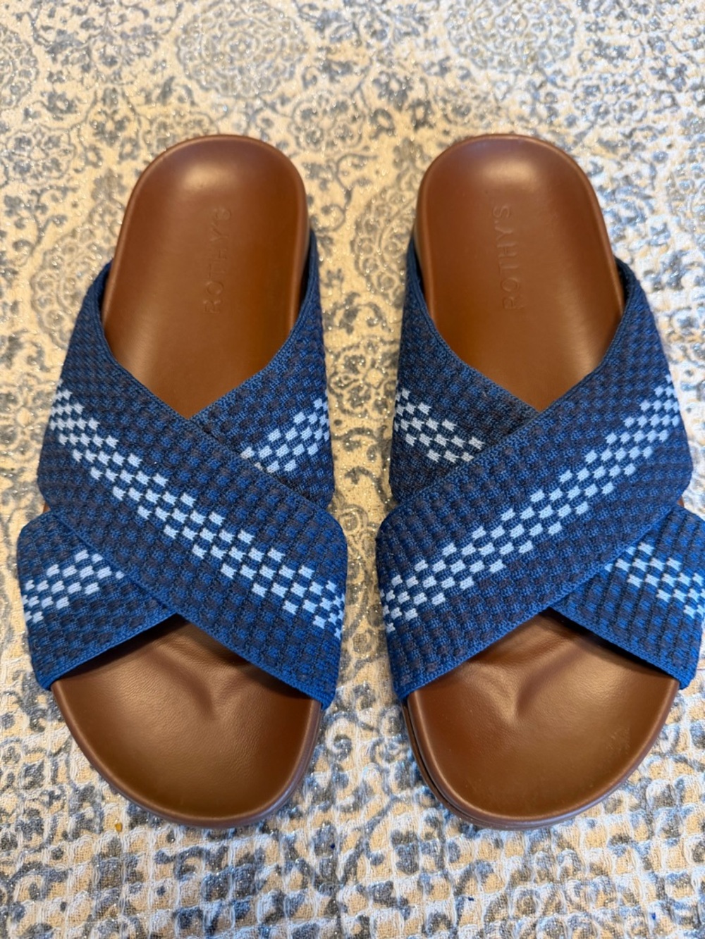 Rothy's Brown Footbed Slides with Navy and Light Blue Crossband Straps